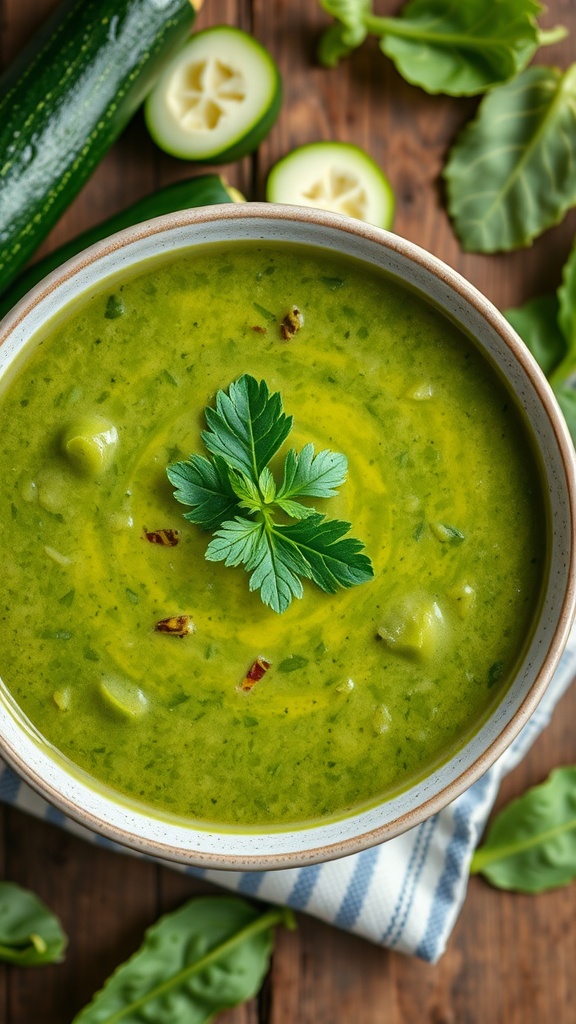 Creamy spinach and zucchini soup in a bowl, garnished with parsley on a wooden table.